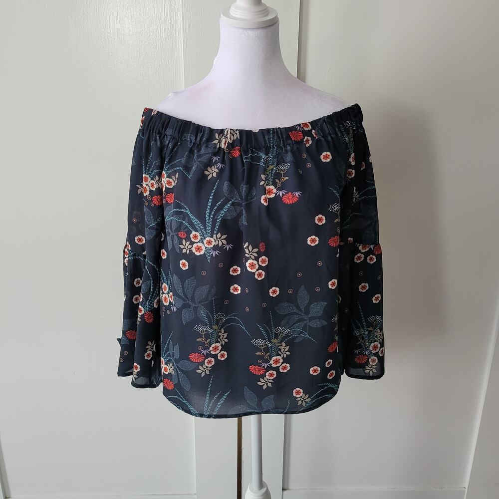 Japna Size M Blouse‎ Womens Floral Off The Shoulder Bell Sleeve Boho Navy